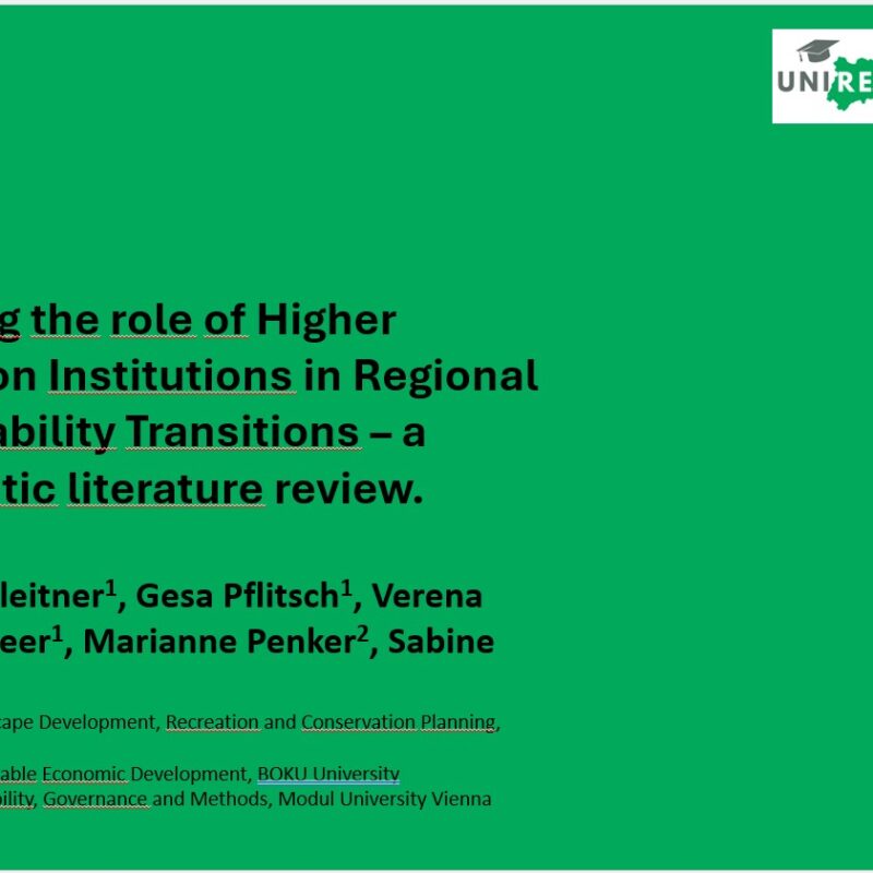 Das Bild zeigt die Titelfolie des Vortrages auf der HoFo zum Thema "Unveiling the role of Higher Education Institutions in Regional Sustainability Transitions".