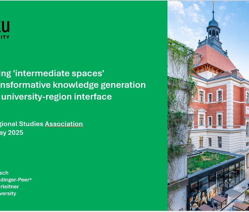 Das Bild zeigt das Titelbild der Präsentation auf der RSA Konferenz 2025 zum Thema "Creating 'intermediary spaces' for transformative knowledge generation at the university-region interface"