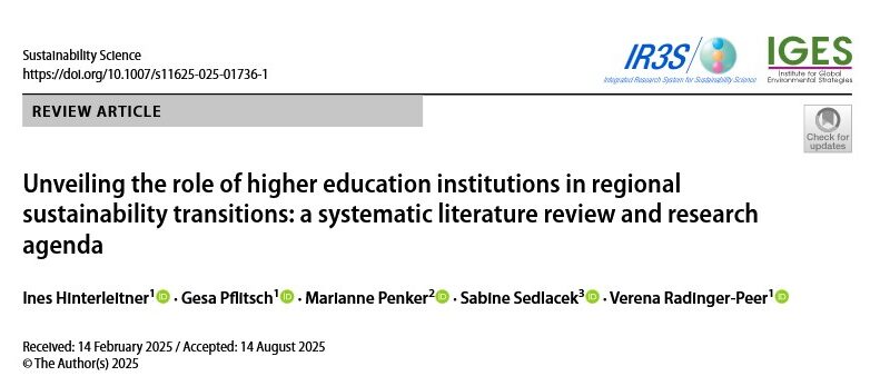 This picture displays the first page of the paper "Unveiling the role of higher education institutions in regional sustainability transitions: a systematic literature review and research agenda" showing the authors names.
