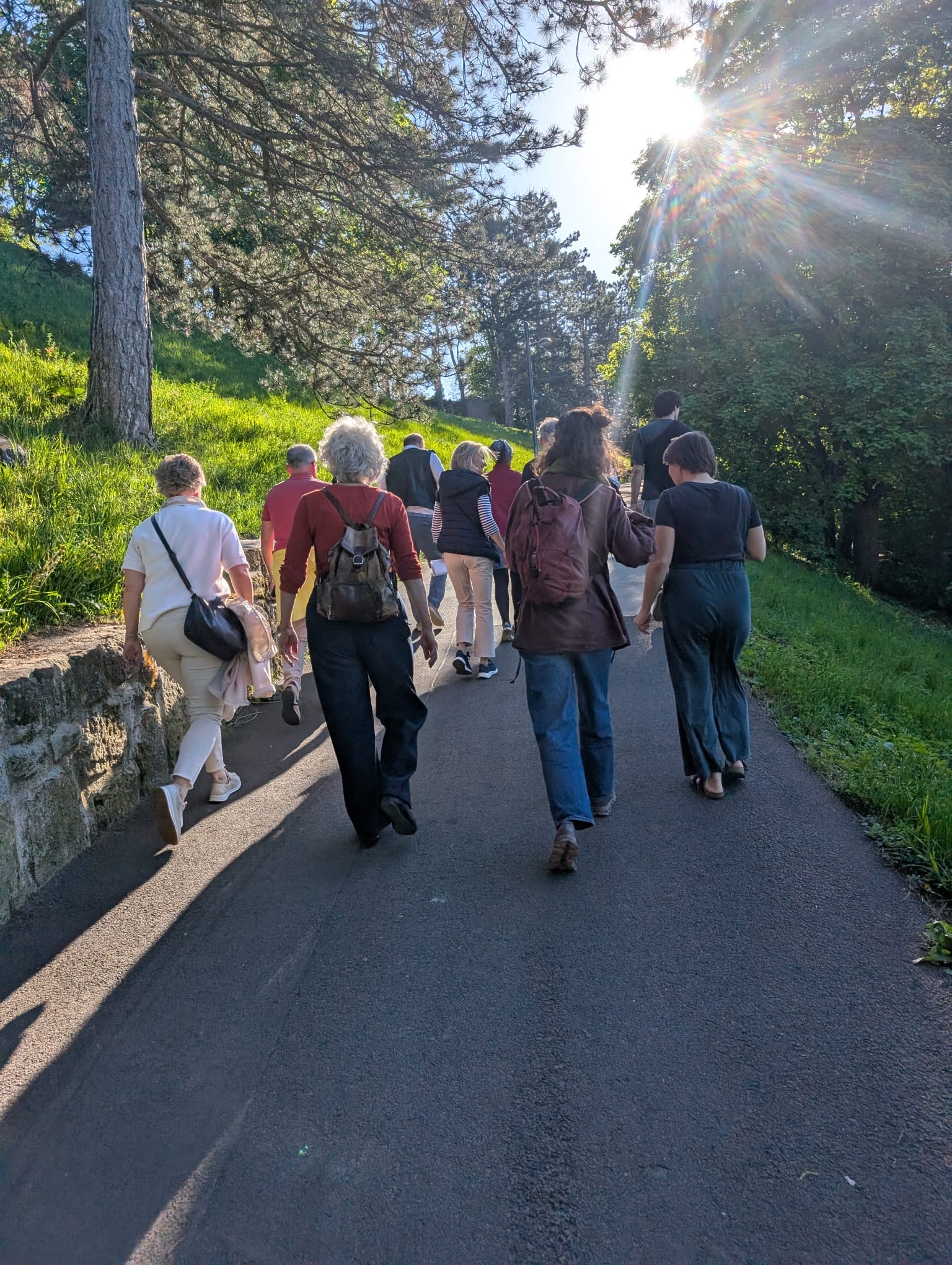 Am Bild sind gehende Menschen zu sehen. Sie gehen auf einem asphaltierten Weg. Daneben sind grüne Wiesen und Bäume zu sehen. Die Sonne scheint. Die Gehenden sind von hinten zu sehen.